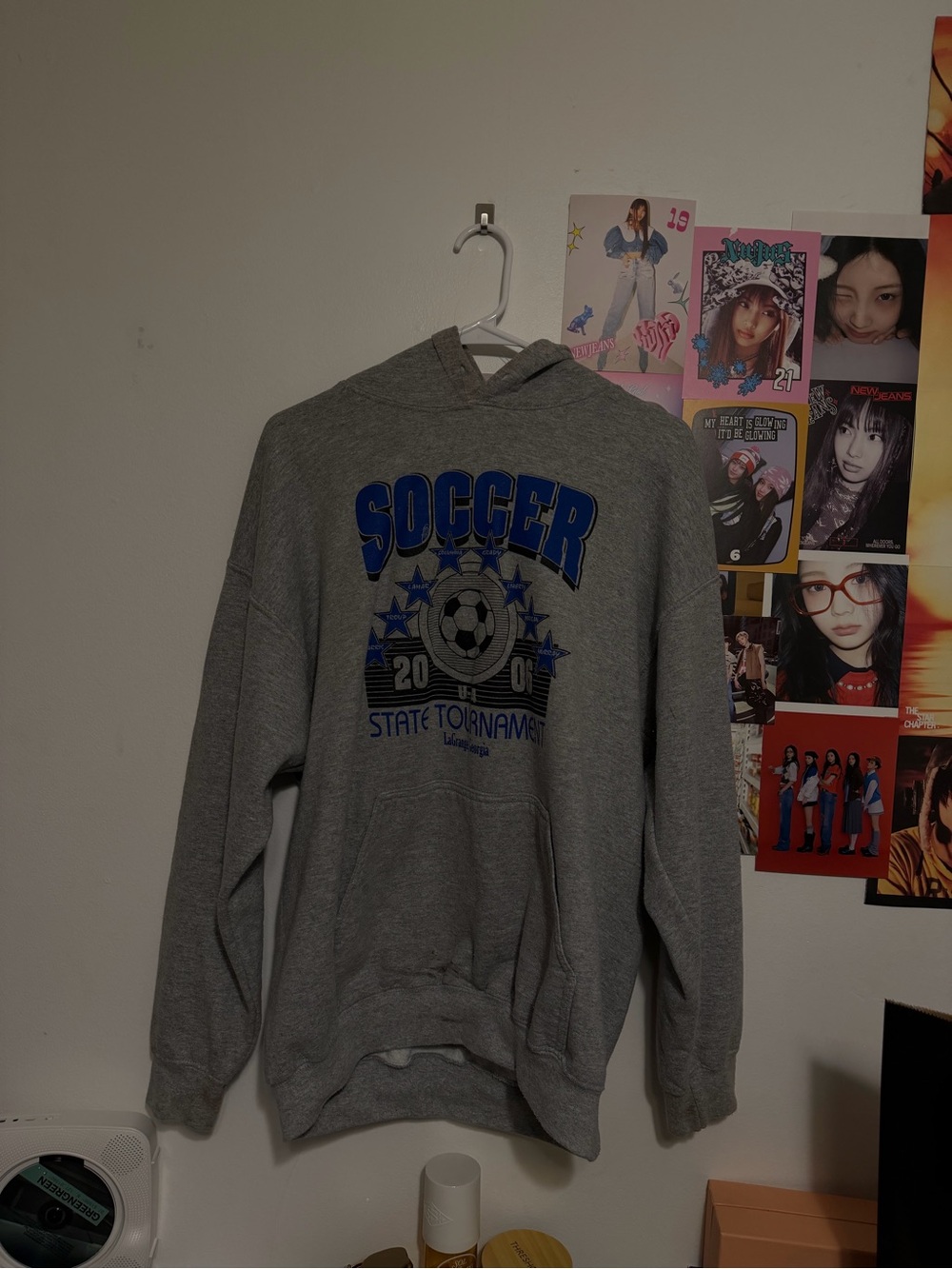 Calvin Klein Jeans Gray Crewneck Sweatshirt with Blue Soccer Graphic